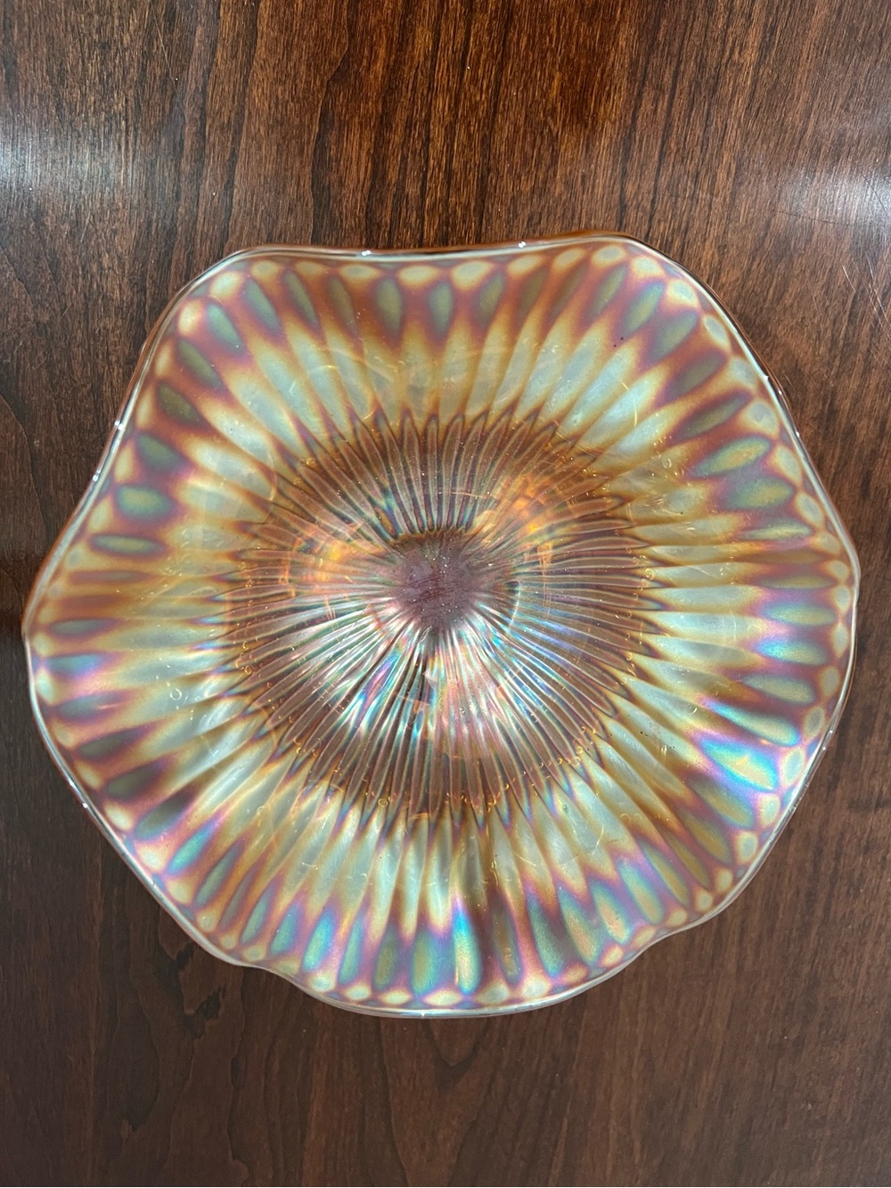 Vintage Marigold Iridescent Carnival Glass Ruffled Footed Bowl